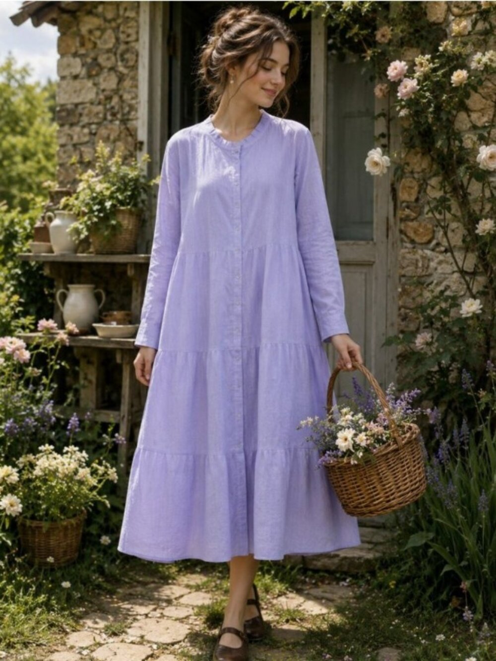 Alice Walk Purple Linen Tiered Midi Shirt Dress, Size S, NWOT! $299